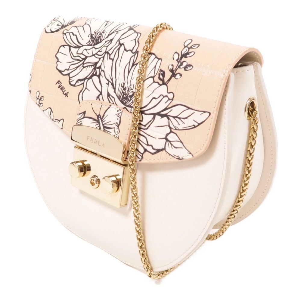 Rare Furla GHW Chain Floral Shoulder Bag Calfskin Leather White - Picture 3 of 13